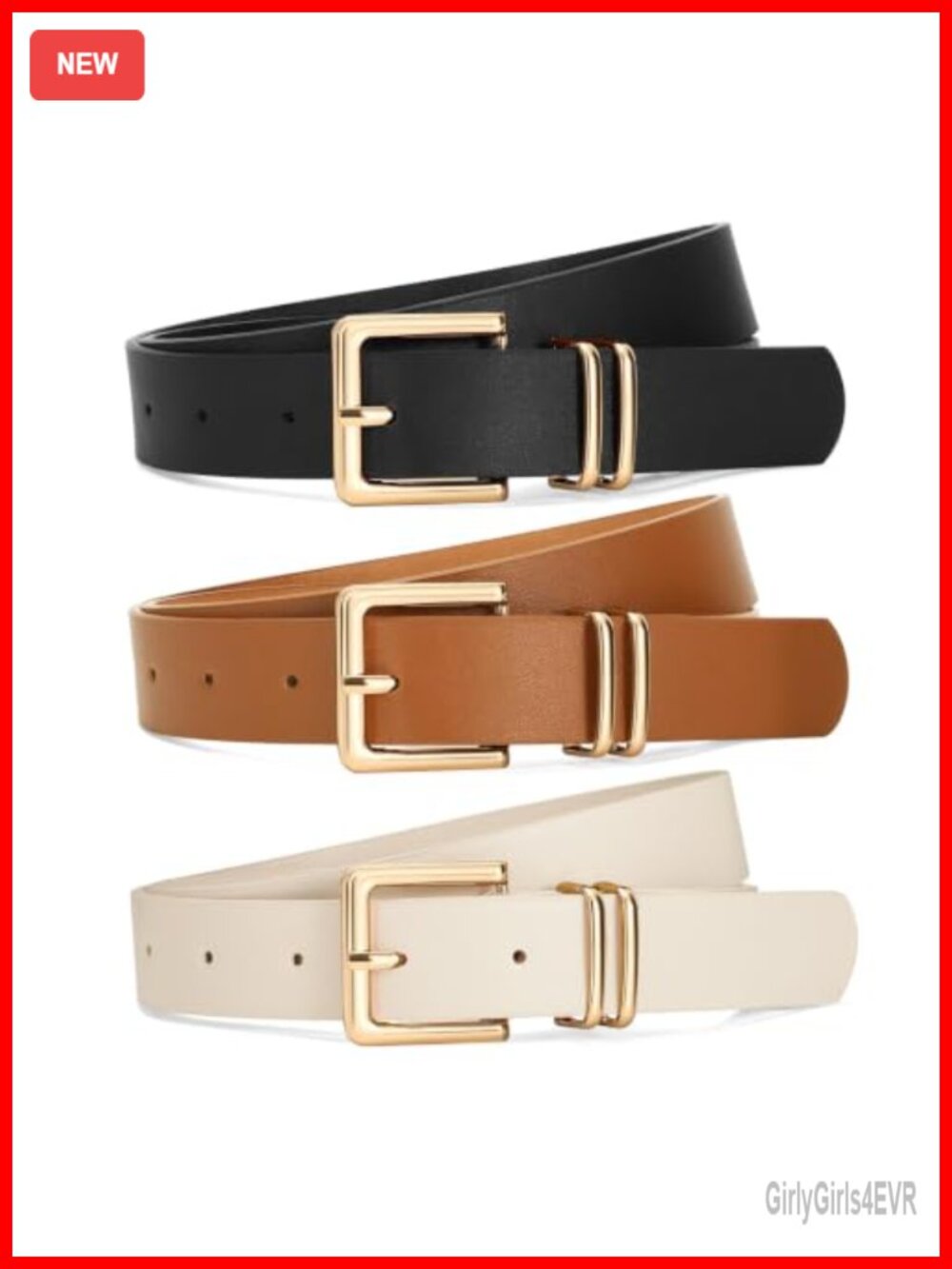 3 Pack Faux Leather Belts for Women Gold Square Buckle Waist Belt